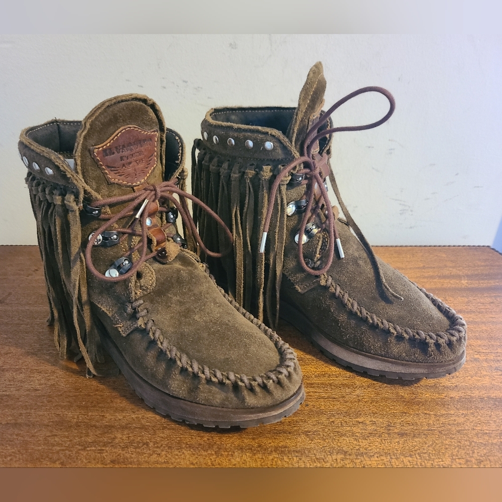 Fringed Suede Moccasin Boots - Brown